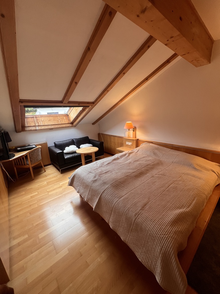 Attic bedroom with double bed, wooden beams and skylight